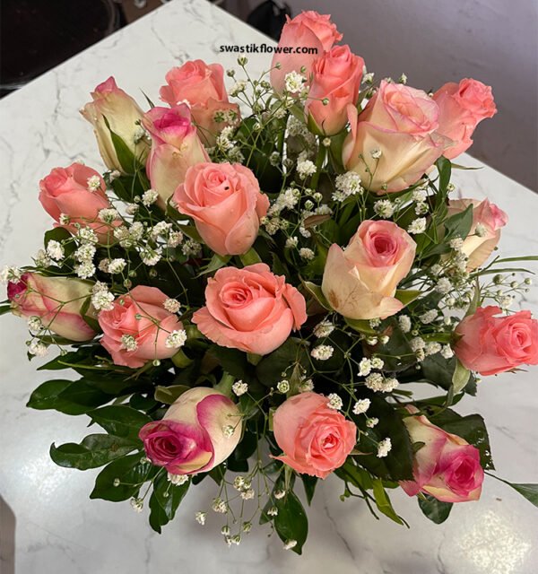 20 Pink Roses Floral Basket