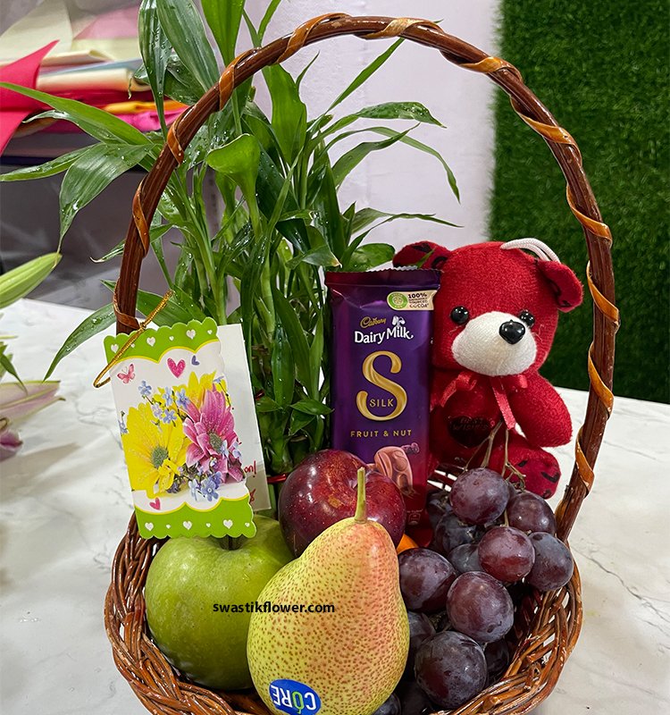 Fruits & Lucky Bamboo Plant In Cane Basket