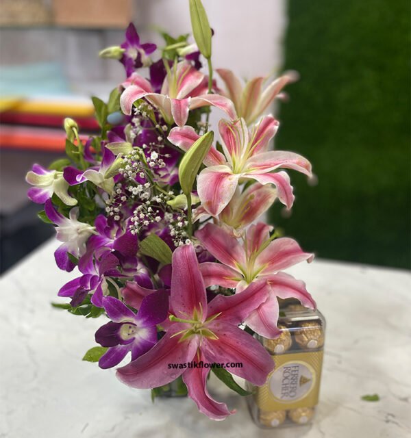 Gorgeous Purple Orchids & Pink Lilly's With Ferrero Chocolate