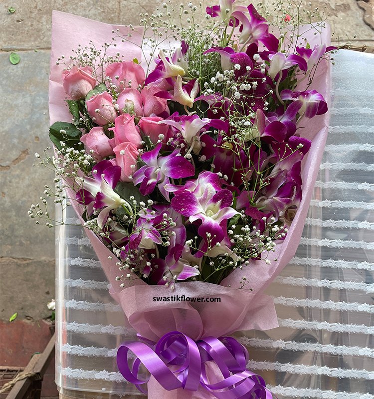 Majestic Orchids & Pink Roses Bouquet