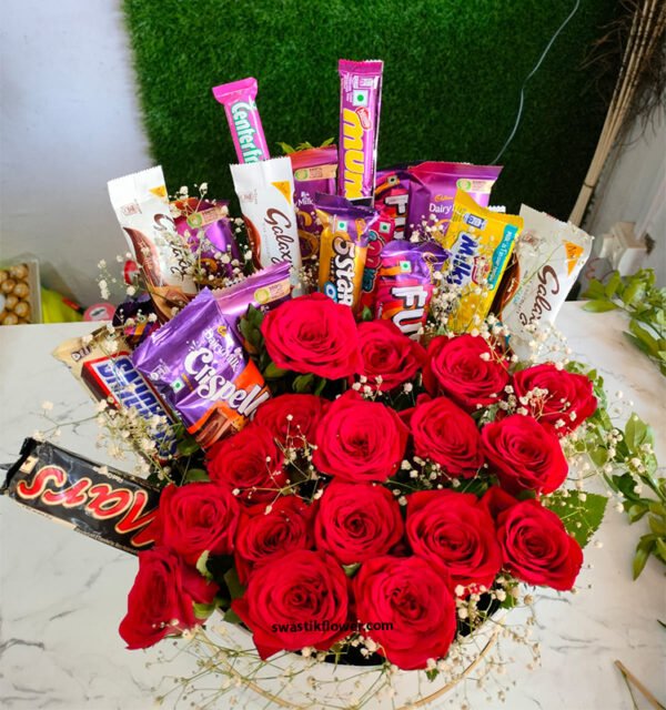 Mix Chocolates & Red Roses In Cardboard Box