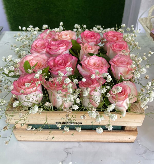 Pink Roses Arrangement In Wooden Base - Image 2