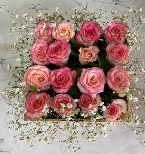 Pink Roses Arrangement In Wooden Base