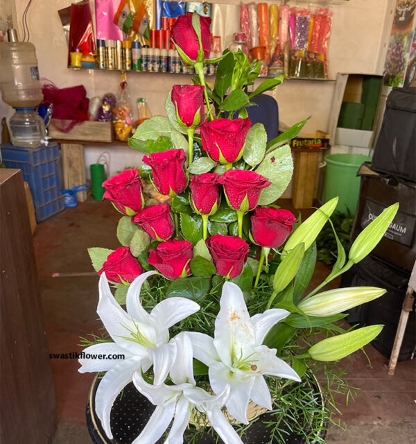 Red Roses & Lilly's Basket Arrangement