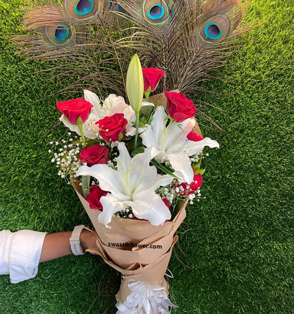 Red Roses & White Lilly Hand Bunch - Image 2