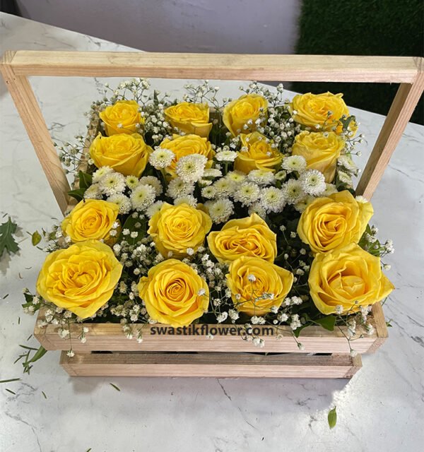 Yellow Roses & White Button Cryastimum Basket Bouquet - Image 2