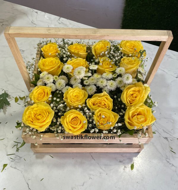 Yellow Roses & White Button Cryastimum Basket Bouquet