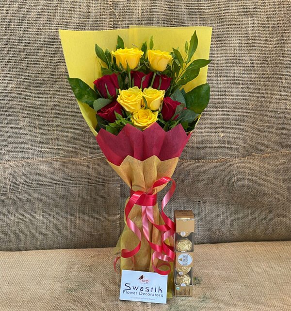 10 Yellow & Red Rose with Ferrero