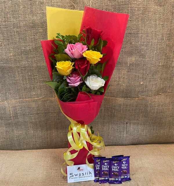 Colourful roses bouquet with Dairy milk - Image 2