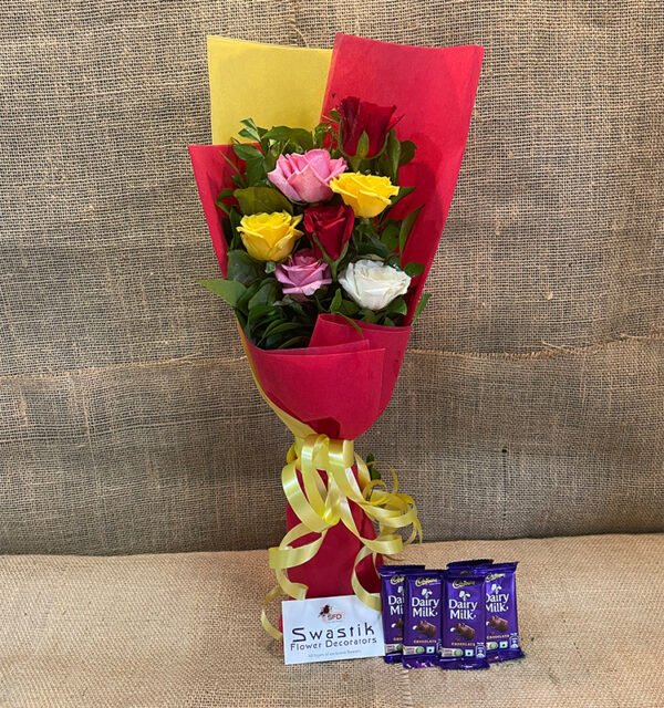 Colourful roses bouquet with Dairy milk