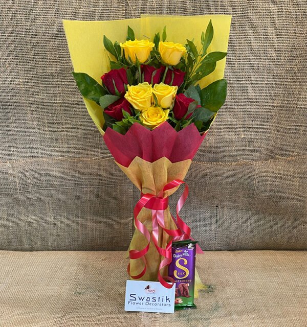 Red & Yellow Roses Bouquet with Cadbury Silk