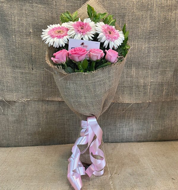 White Zerbera and Pink Roses Bouquet - Image 4