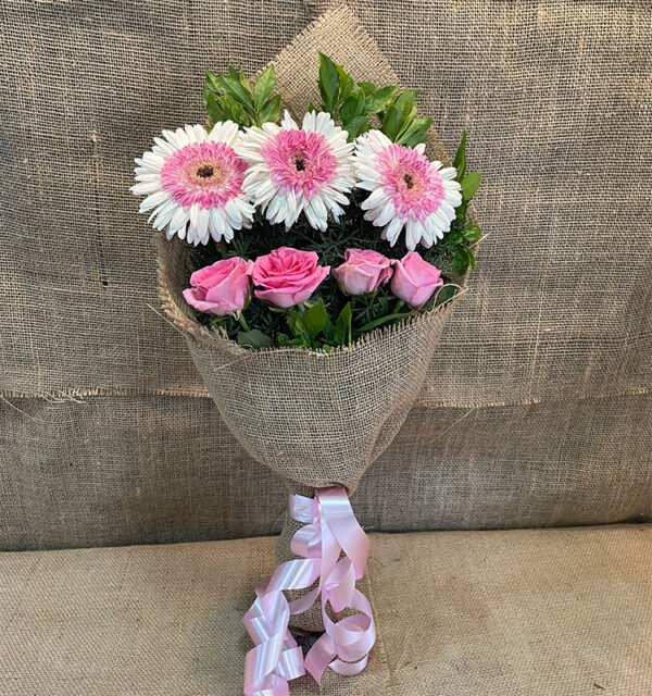 White Zerbera and Pink Roses Bouquet - Image 8