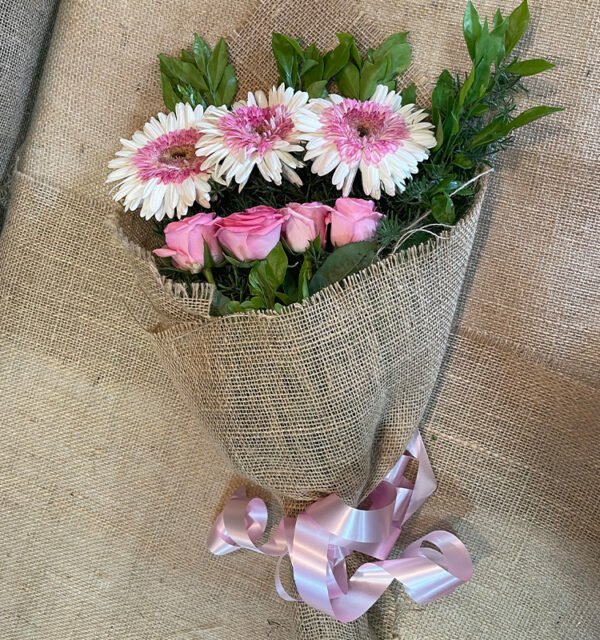 White Zerbera and Pink Roses Bouquet - Image 7