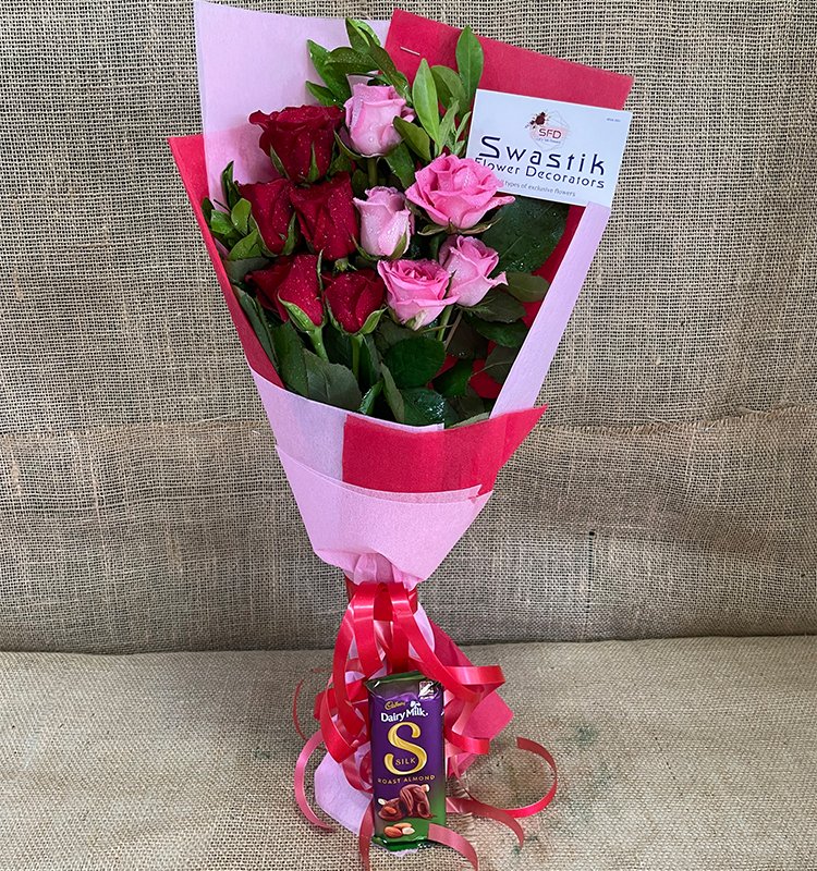 Pink & Red Rose Bouquet with Silk