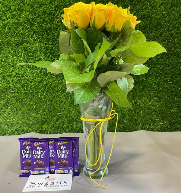 Yellow Roses in Vase with DairyMilk 5pcs - Image 2