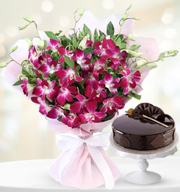 10 Purple Stunning Orchids Bouquet with Truffle Cake