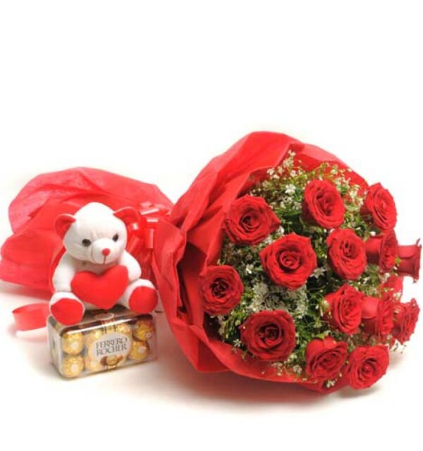 12 Red Rose Bunch with Ferrero & White & Teddy