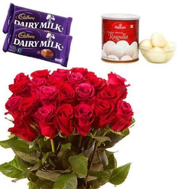 20 Red Roses with Rasgulla & Dairy Milk