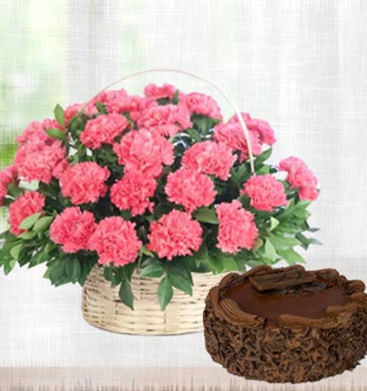 20 Pink Carnation Basket Arrangement with Chocolate Cake