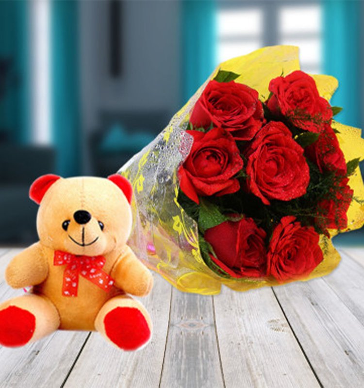 8 Red Roses with Teddy