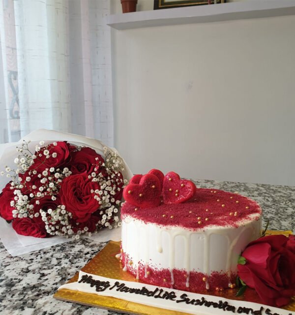 Romantic Red Velvet Cake and Roses