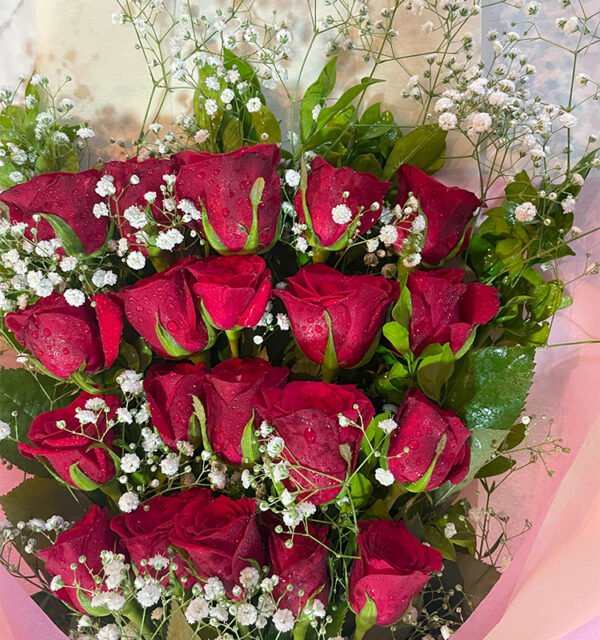 20 Red Roses Hand Bouquet with Gipsy - Image 3