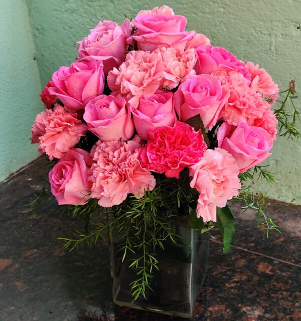 Pink Roses & Pink Carnation in Square Vase