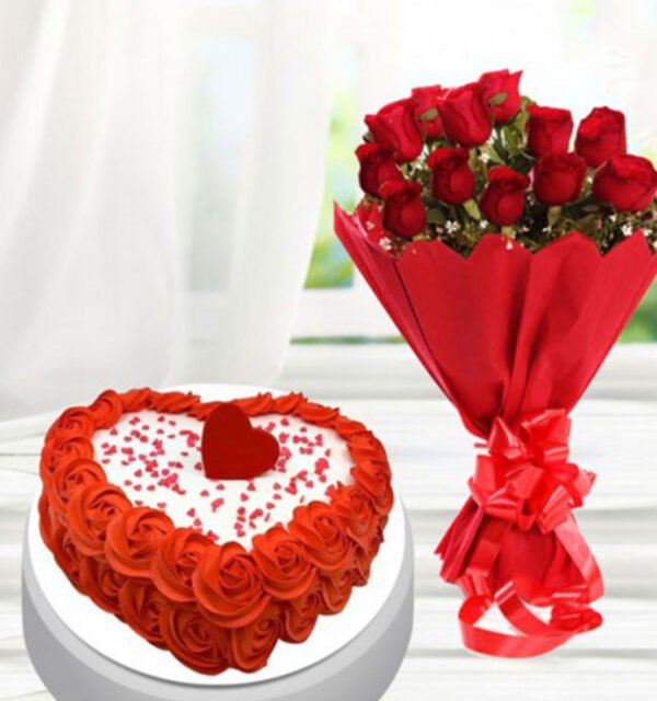 Red Velvet Heart shape Cake with 20 Red Roses Bunch