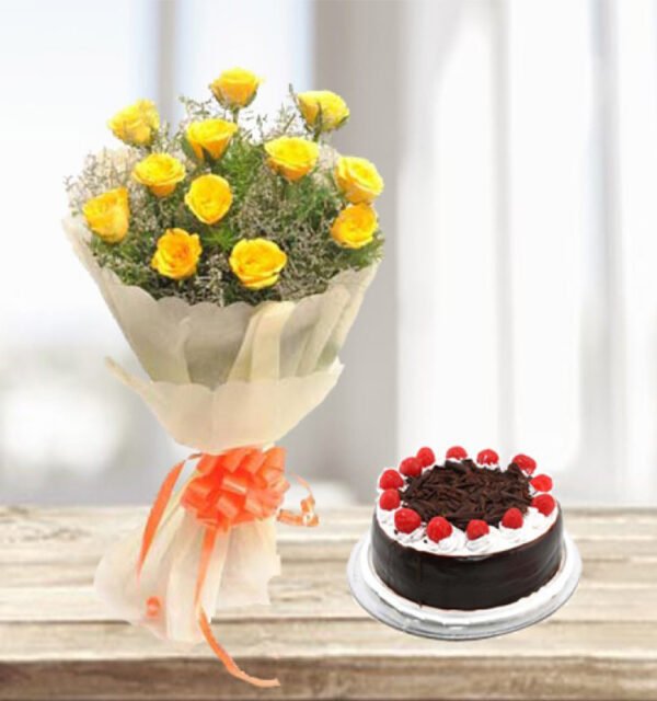 Sunshine Yellow Roses Bouquet with Chocolate Cake