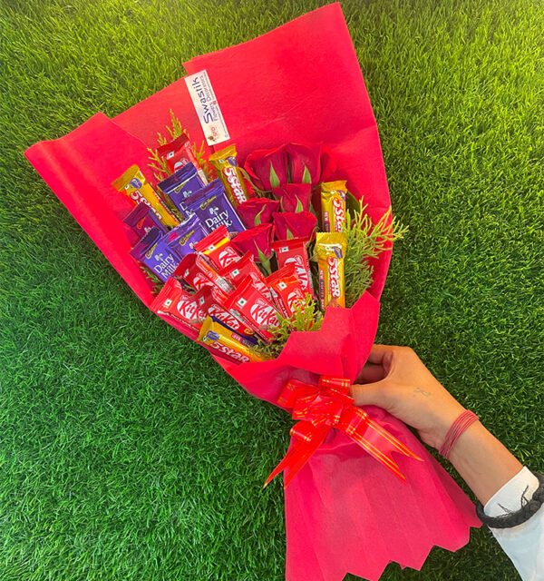 Mix Chocolates with Red Roses Bouquet